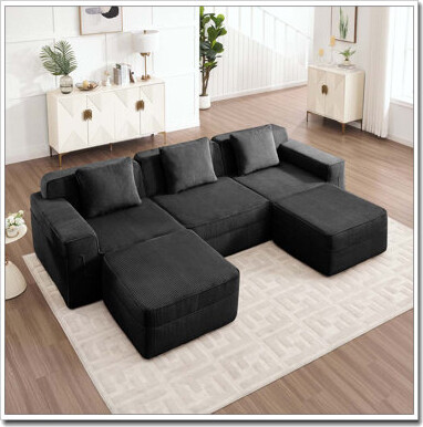 Latitude Run 3 Seat U Shape Sectional Boneless Sofa Cloud Sectional Couch with Deep Seat Modern Modular 3-Seat Sofa Couch with Throw Pillows and 2 Movable Ottoma