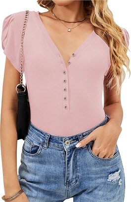 IHOT Dating Bodysuit Tops For Women Short Sleeve V Neck Button Down Tulip  Sleeve Summer Casual Leotards Shirts Plus Size Coral X-Large - ShopStyle