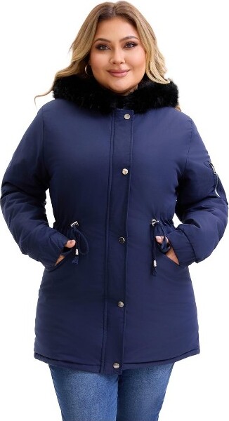 Agnes Orinda Women'sPlusSizeWindbreakerFurHoodDrawstringWaistZipperFleeceLinedWinterWarmParkaJacketwithPockets-AgnesOrinda2XNavyBlue