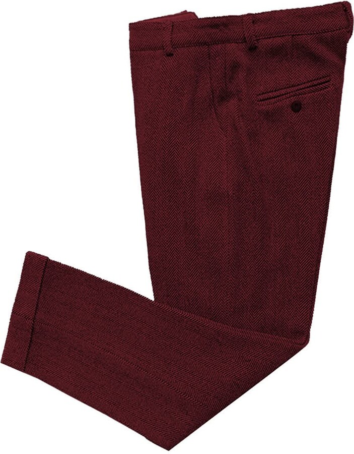 ASHIAO Men's Pants Wool Slim Fit Herringbone Pattern Trousers Tweed ...
