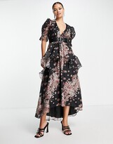 Thumbnail for your product : ASOS DESIGN dark long sleeve voile midi tea dress with puff sleeve and belt