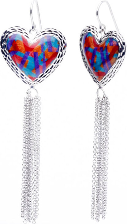 Gold & Honey Red / Silver / Blue Blue & Red Heart Tassel Earrings