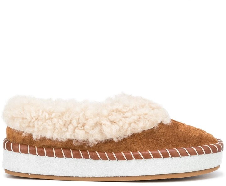 Tory Burch Logo-Embossed Shearling Slippers - ShopStyle