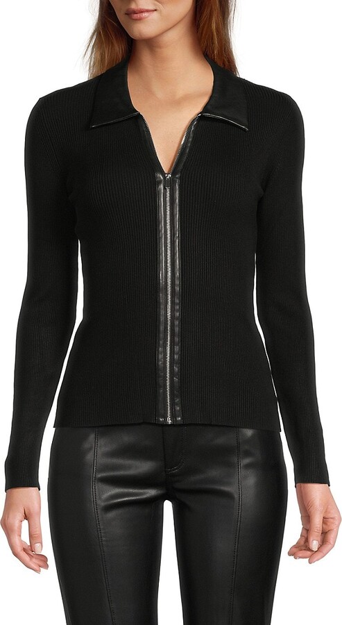 Tahari Zip-Up Faux Leather-Trim Cardigan