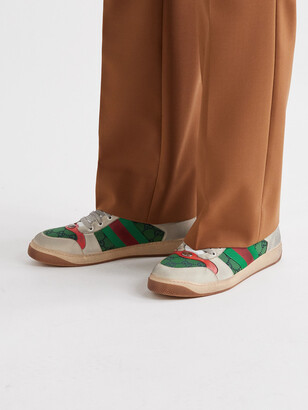 Gucci Screener GG Webbing-Trimmed Distressed Leather and Printed Canvas Sneakers - Men - Neutrals - 8.5