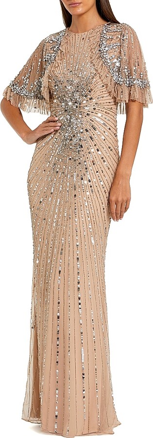 Women's Embellished Tulle Capelet Gown - Beige Silver - Size 6