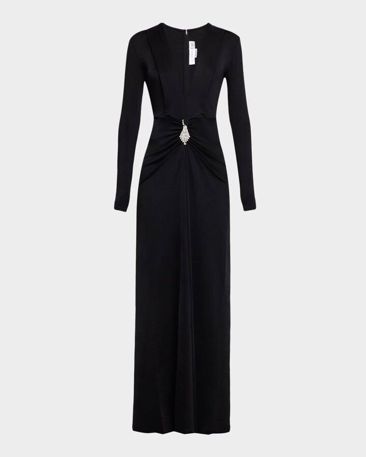 Victoria Beckham Plunging Gathered Crystal Long-Sleeve Gown