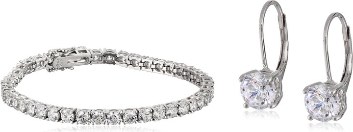Amazon Collection Platinum Plated Sterling Silver Swarovski Zirconia Tennis Bracelet and Leverback Earrings Jewelry Set