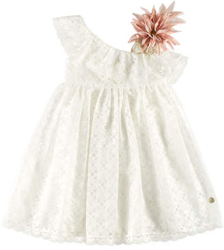 One-Shoulder Geo Dress w/ Flower Ornament, White, Size 4-10