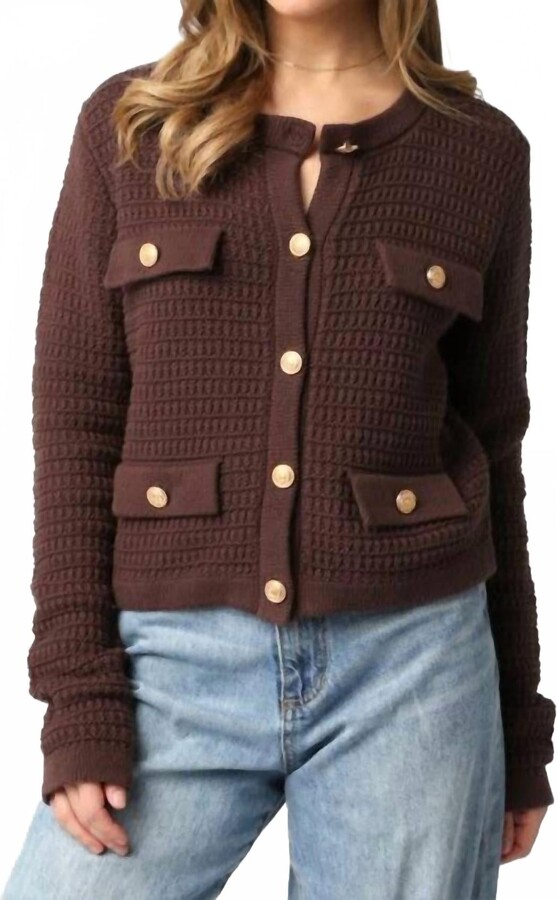 Olivaceous Maci Knit Button Cardigan In Brown