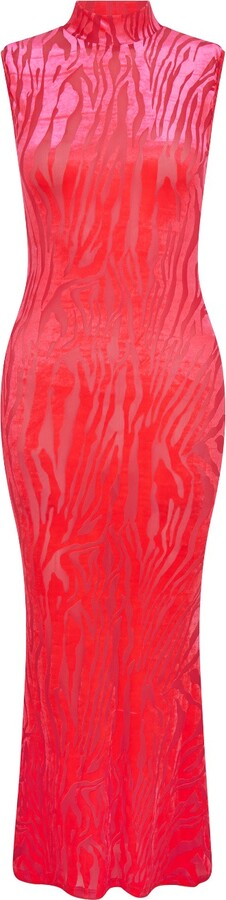 Sour Figs Red / Pink Velvet Zebra Pattern High Neck Maxi Dress In Neon Pink