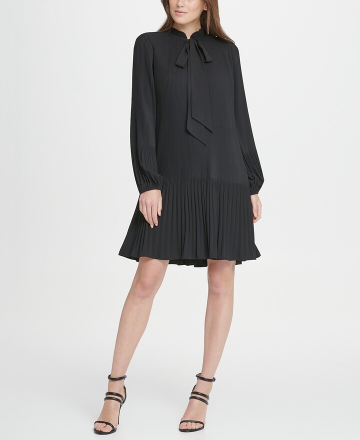 dkny long sleeve tie neck pleated shift dress