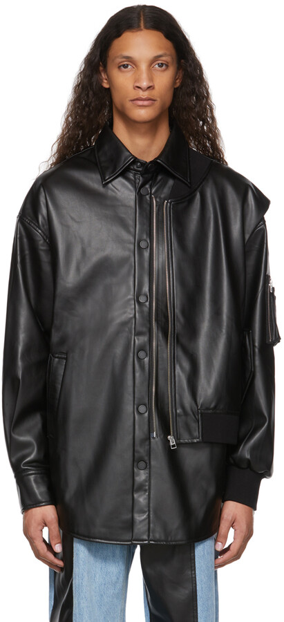 Feng Chen Wang Black Faux-Leather Deconstructed Jacket 