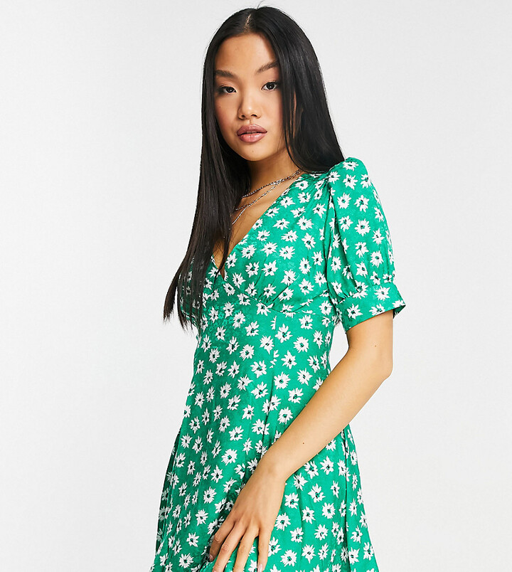 Topshop Petite floral v neck swing tea dress in green - ShopStyle