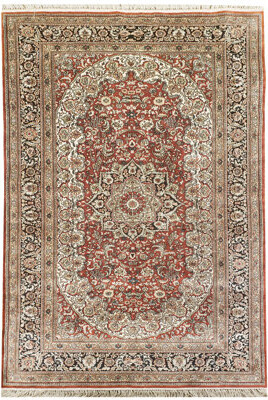 OAKRugs by Chelsea One-of-a-Kind Hand-Knotted Crimson/Black/Beige 3'1" x 4'11" Silk Area Rug