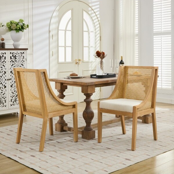 RacxilyRattanDiningChair,SolidWoodFramewithLinenUpholsteredSeat&ArmrestsforKitchen&DiningRoom,Beige