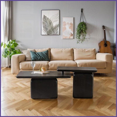 17 Stories Vintage Wood-Grain Square Coffee Table Set of 2 - Black, Space-Saving & Easy-Clean for Living Room