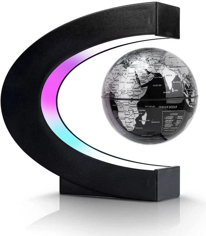 Angel Sar 7 in. x 6.8 in. C Shape Magnetic Levitation Floating Globe with LED Lights, Anniversary Item for Desk Decor, Black