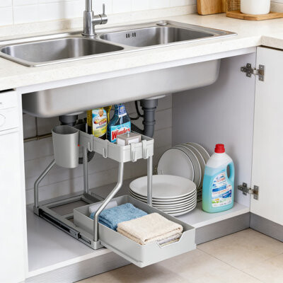 Rebrilliant 2-Tier L-Shape Sliding Under Sink Organizer And Storage, Pull Out Under Counter Organizer With Drawer For Kitchen And Bathroom Cabinet