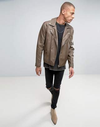ASOS Faux Leather Biker Jacket In Washed Tan