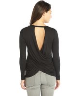 Thumbnail for your product : Casual Couture by Green Envelope black stretch knit long sleeve draped open back tee