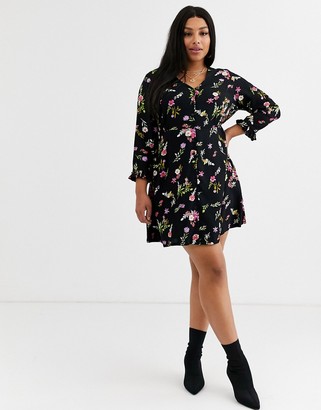 Simply Be button through tea dress in black floral