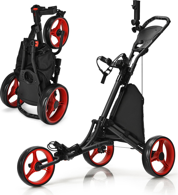Gymax Foldable 3-Wheel Golf Push and Pull Cart Trolley with Adjustable Handle, Red