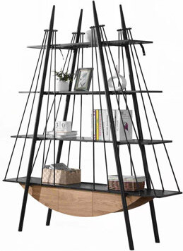 Sailboat-Inspired Bookshelf, 70.87 inch Industrial 4-Tier Open Storage Shelf with Drawer, Wooden & Metal Freestanding Bookcase, Sturdy Display Rack fo