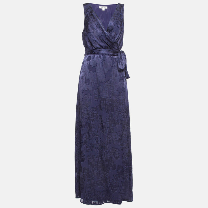 Diane von Furstenberg Navy Blue Jacquard Maxi Wrap Dress L