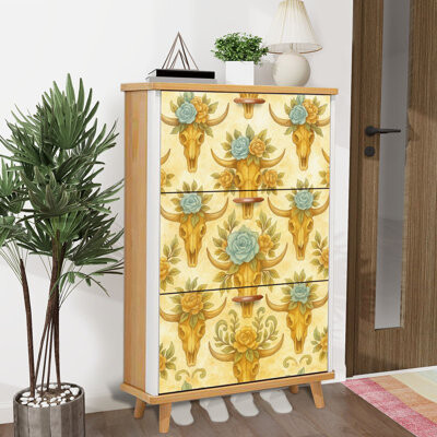 East Urban Home Shoe Storage Cabinet with 3 Flip Drawers for Cow skull peonies bouquet Bohemian for stickers cutout Shoe Rack Storage Organizer