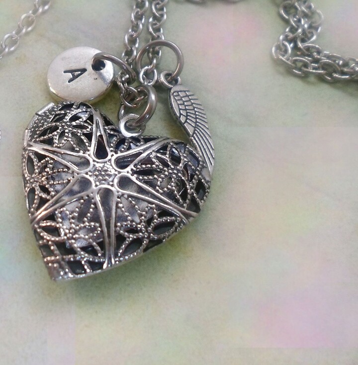 Lovely Filigree Heart Locket With Sweet Angel Wing & Letter Charm, Gift Of Love, Birthday Gift, Special Friend Hand-Crafted Love