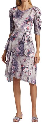 Marchesa Notte Floral Asymmetrical Front-Tie Knee-Length Dress