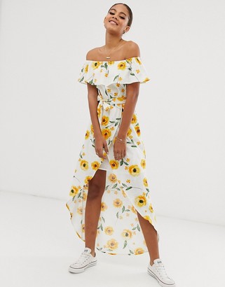 Influence Tall bardot frill maxi dress in sunflower print