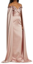 Thumbnail for your product : Pamella Roland Off-The-Shoulder Embellished Cape Gown