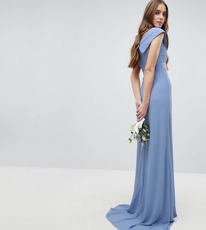 tfnc bardot maxi bridesmaid dress with fishtail and embellished waist