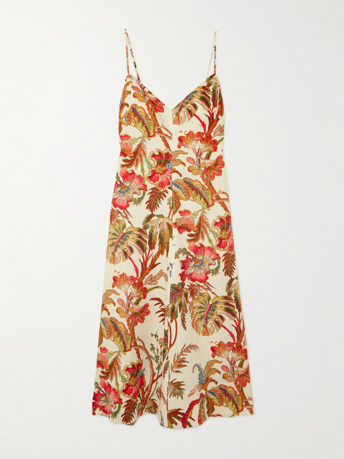 Cara Cara Mae Floral-print Linen Midi Dress - Orange