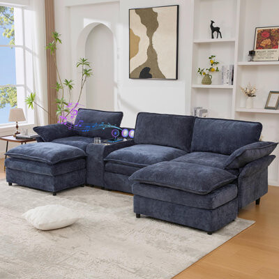 Latitude Run U Shaped Modular Sectional SofaStorage Console & Wireless Charging2 Cup HoldersBluetooth Speakers2 Movable FootstoolsAdjustable HandrailMovable