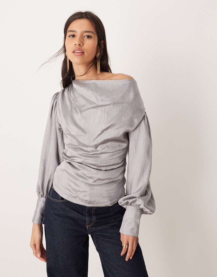 GHOSPELL balloon sleeve cowl neck top in metallic gray