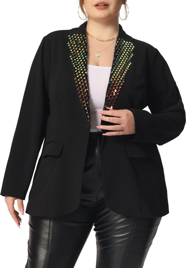 Unique Bargains Women’s Plus Size Shiny Sequin Coat Button Lapel Party Blazers 1X Black