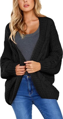 Roskiky Womens Cabel Knitted V Neck Loose Chunky Long Sleeves Pocket Sweater Cardigan Jacket 