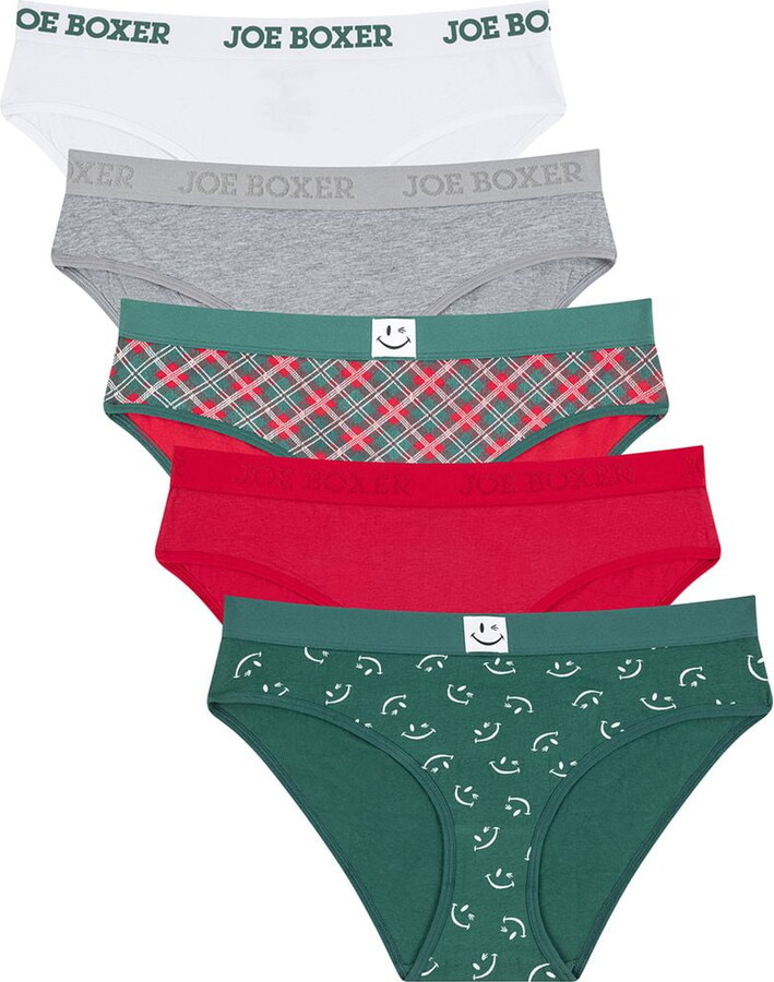 Joe Boxer Women's Cotton Holiday Giftable Bikini Panty Set, 5-pack, Sizes XS to 3X