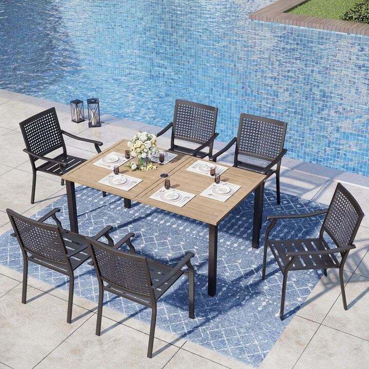 7-Piece Metal Outdoor Patio Dining Set with Brown Rectangular Slat Table-Top and Dot Stackable Chairs