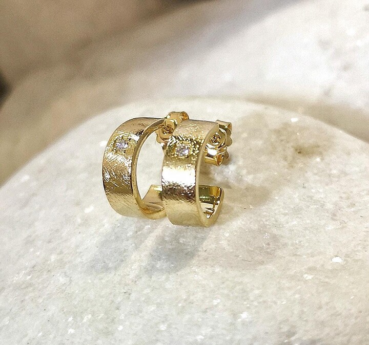Etsy 14K Gold Handmade Diamond Huggie Hoop Earrings Brushed Finish Vs Diamonds