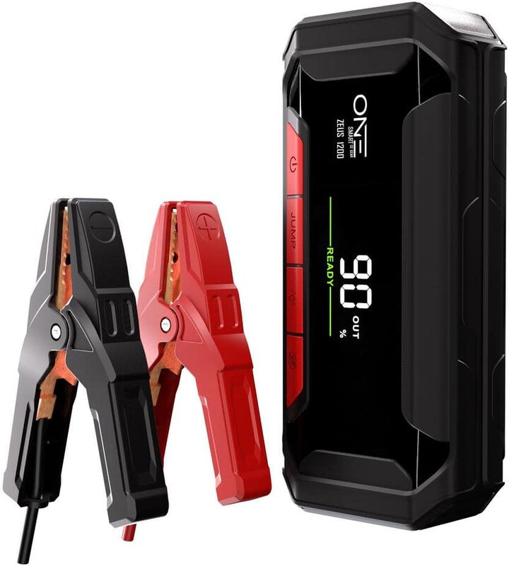 One Smart Consumer Electronics Gear 1200A 12V Portable Jump Starter, Up to 7L Gas and 5L Diesel Engines, Built-In 12000 mAh USB Power Bank with Hard Case