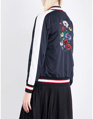 Izzue Ladies Black Ribbed Feminine Reversible Embroidered Satin Bomber Jacket