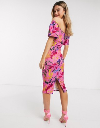 Outrageous Fortune off shoulder knot front midi pencil dress in pink floral print