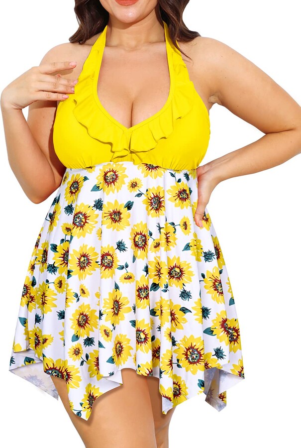 Aqua Eve Plus Size Women Tankini Swimsuits Halter Two Piece Flowy Bathing  Suits with Shorts Yellow Sunflower 16W - ShopStyle