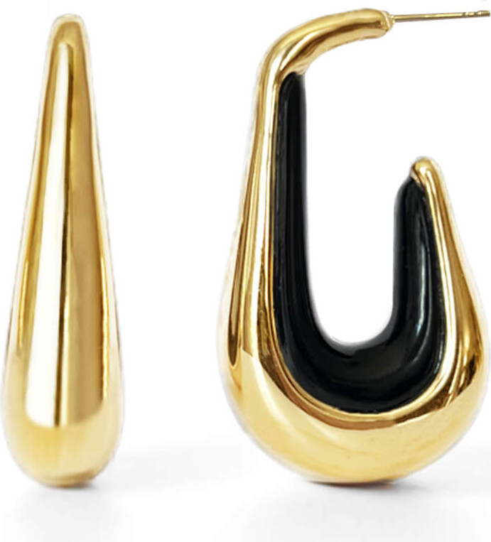 Gold & Honey Black / Gold Drop Hoop Earrings In Black