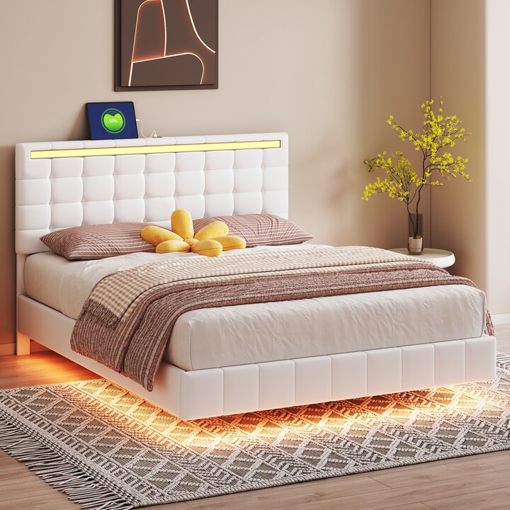 Sunmory Queen Size Floating Bed Frame with LED Lights and USB Charging