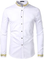 Thumbnail for your product : PARKLEES Men's Gold Embroidery Grandad Collar Slim Fit Long Sleeve Casual Dress Shirts PA44 Navy XXL